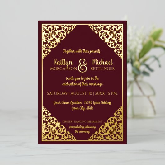 エレガントクラシックヴィンテージブルゴーニュ金結婚箔 箔招待状 (立ち正面)