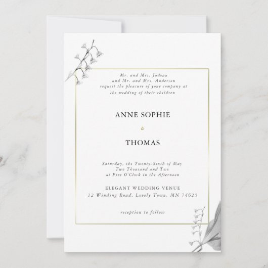 エレガントクラシック春リリー・オブ・バレー・金ゴールド結婚ズ 招待状 (正面)