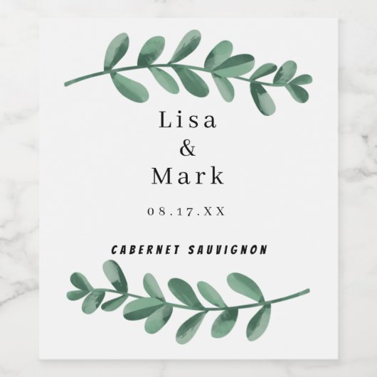 エレガントクラシック水の色の緑の葉結婚の ワインラベル (シングルラベル)