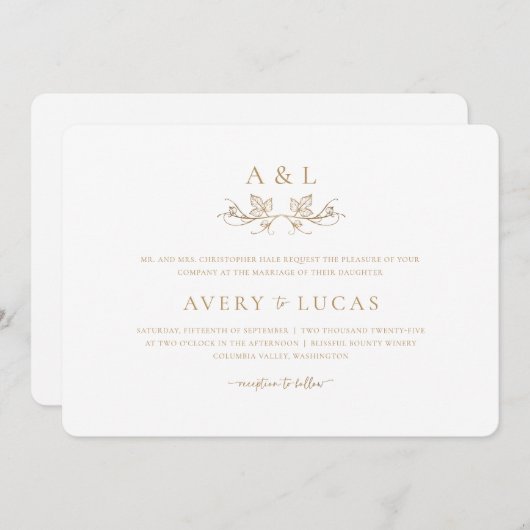 エレガントクラシック白と金ゴールド結婚の 招待状 (正面/裏面)