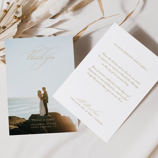 エレガントクラシック白のカップル結婚写真 サンキューカード