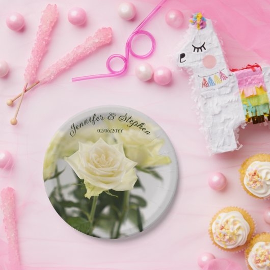 エレガントクラシック白バラ結婚花 ペーパープレート (パーティー)