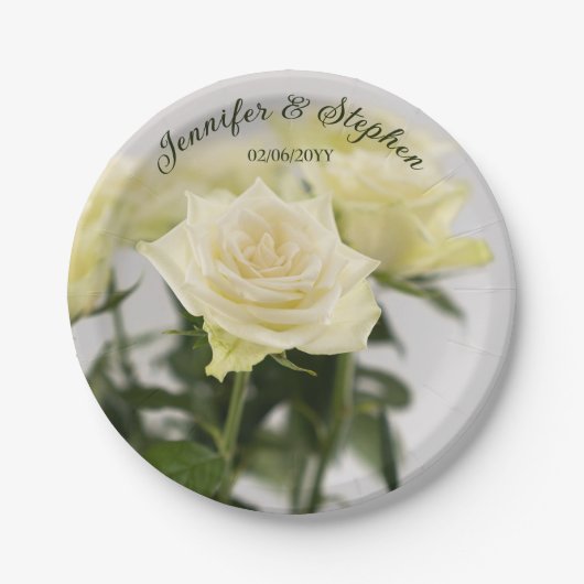 エレガントクラシック白バラ結婚花 ペーパープレート (正面)
