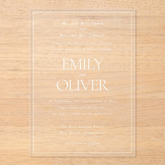 エレガントクラシック白フレームホワイトオーバーレイ結婚ズ アクリル招待状 (正面)