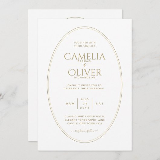 エレガントクラシック白金ゴールドモノクロ結婚ズ 招待状 (正面/裏面)