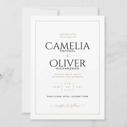 エレガントクラシック白金ゴールドモノワ結婚ーのInvi 招待状 (正面)