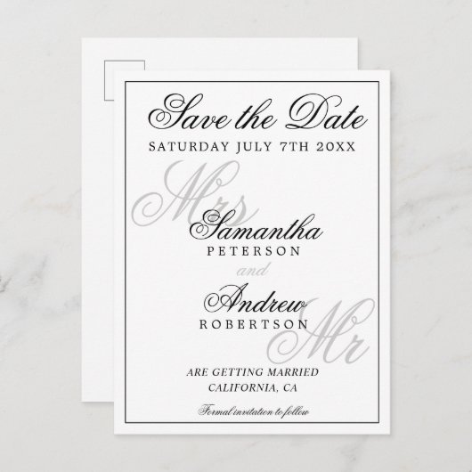 エレガントクラシック白黒スクリプト日付の保存 案内ポストカード (正面/裏面)