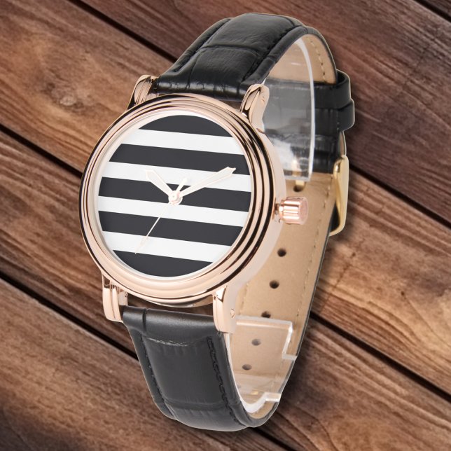 エレガントクラシック白黒ストライプレザー&金ゴールド 腕時計 (Elegant Classic Black and White Stripes Leather Straps and Gold Face Watch for Women.)