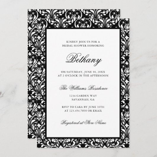 エレガントクラシック白黒ダマスクブライダルシャワー 招待状 (正面/裏面)