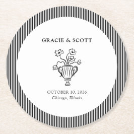 エレガントクラシック白黒ハンドドロー結婚ズ ラウンドペーパーコースター