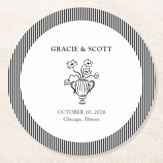 エレガントクラシック白黒ハンドドロー結婚ズ ラウンドペーパーコースター (正面)