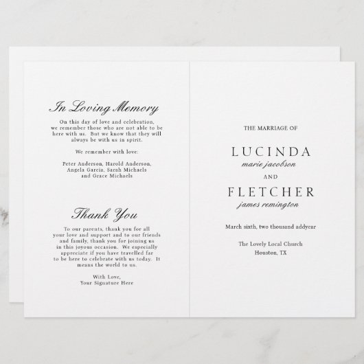 エレガントクラシック白黒フォーマル結婚式 プログラム (正面/裏面)