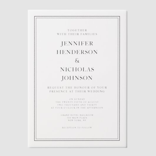 エレガントクラシック白黒結婚の ベラム紙招待状 (正面)