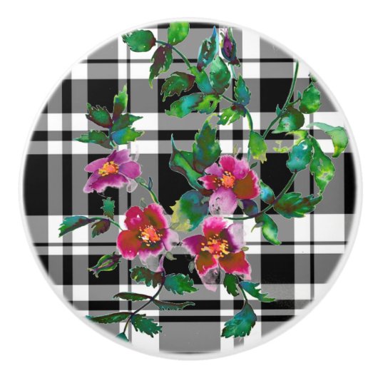 エレガントクラシック紅水色フローラ白黒 セラミックノブ (正面)