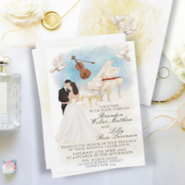 エレガントクラシック結婚のピアノの新郎新婦 招待状