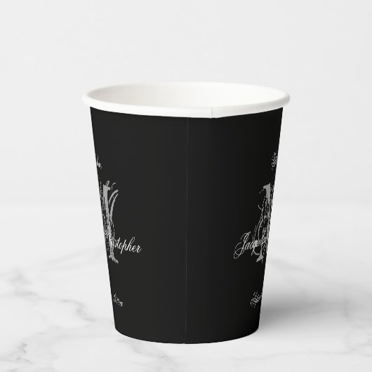 エレガントクラシック結婚モノグラム名シックブラック 紙コップ (右)