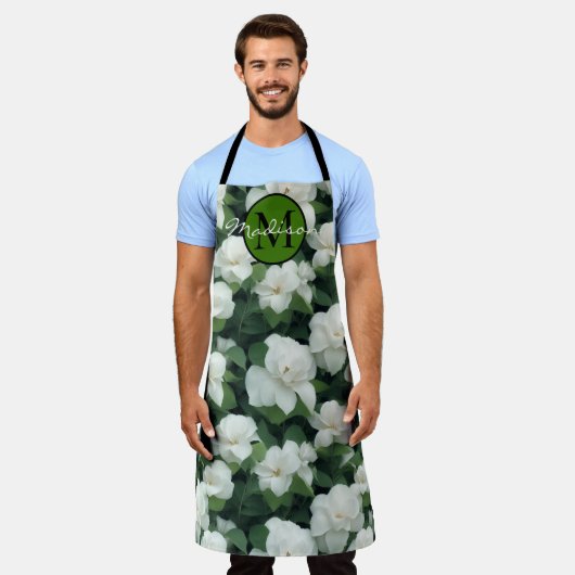 エレガントクラシック緑植物白フローラ エプロン (着用した状態)