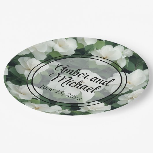 エレガントクラシック緑植物白フローラ ペーパープレート (アングル)