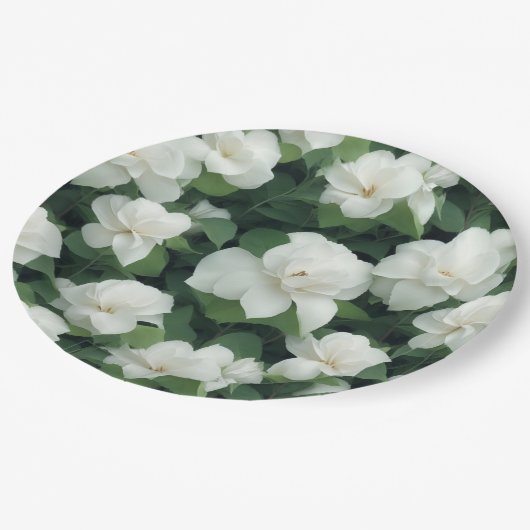 エレガントクラシック緑植物白フローラ ペーパープレート (アングル)