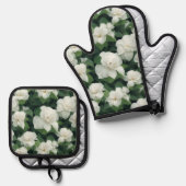 エレガントクラシック緑植物白フローラ 鍋つかみ&鍋敷きセット (正面/裏面)