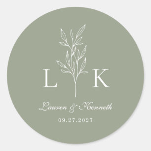 エレガントクラシック葉モノグラム結婚のセージ緑 ラウンドシール