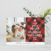 エレガントクラシック赤タータンチェック家族の写真クリスマス シーズンカード (スタンド正面)