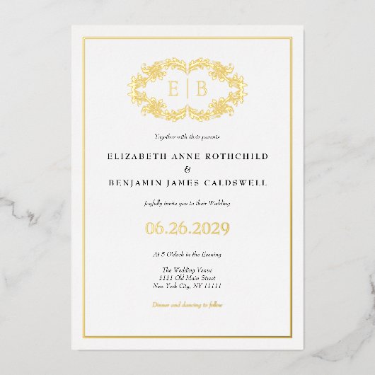 エレガントクラシック金ゴールドクレストモノグラム結婚ズ 箔招待状 (正面)