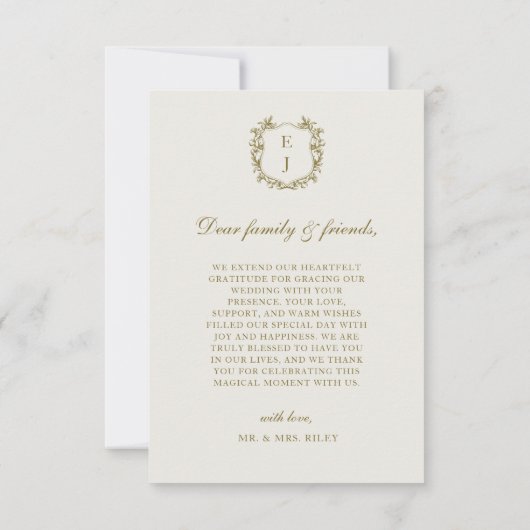 エレガントクラシック金ゴールドクレストモノグラム結婚写真 サンキューカード (裏面)