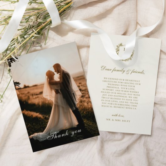 エレガントクラシック金ゴールドクレストモノグラム結婚写真 サンキューカード