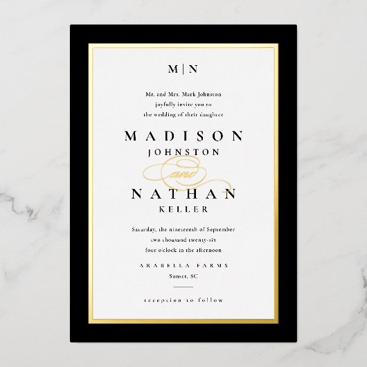 エレガントクラシック金ゴールド白黒結婚ズ 箔招待状 (正面)