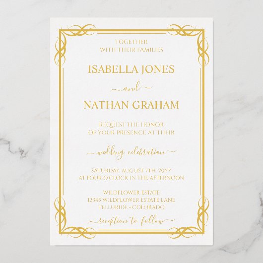 エレガントクラシック金ゴールド結婚と白 箔招待状 (正面)