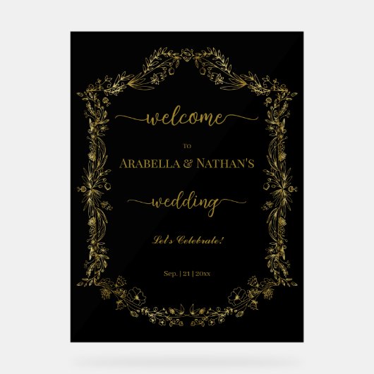 エレガントクラシック金ゴールド結婚フローラ アクリルサイン (正面)