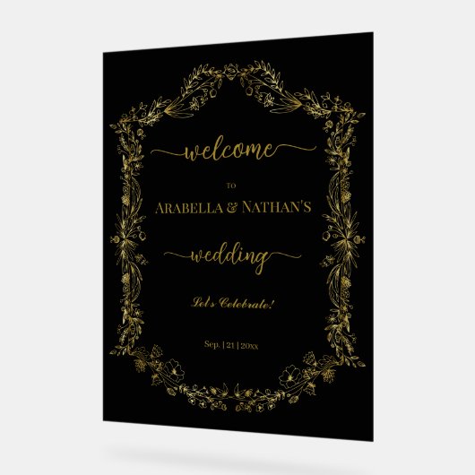 エレガントクラシック金ゴールド結婚フローラ アクリルサイン (傾斜)