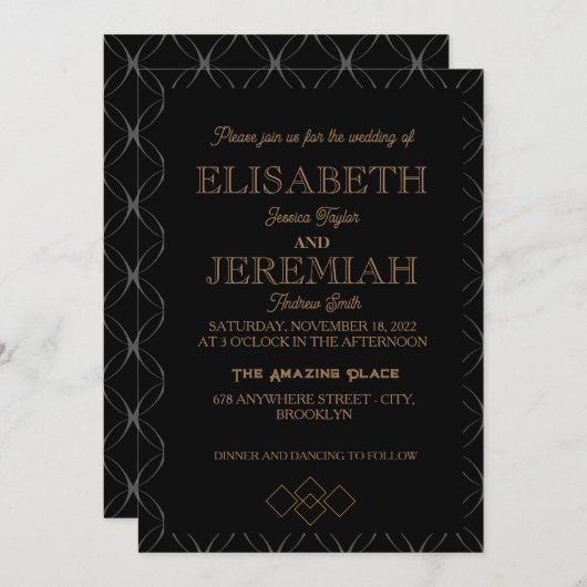 エレガントクラシック銀金ゴールド結婚ズ 招待状 (正面/裏面)