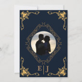 エレガントクラシック高級ブルー金ゴールド写真結婚の 招待状 (裏面)