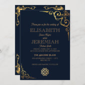 エレガントクラシック高級ブルー金ゴールド写真結婚の 招待状 (正面/裏面)