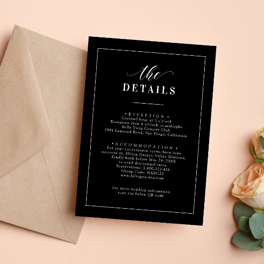 エレガントクラシック黒と白の結婚詳細 エンクロージャーカード