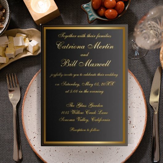 エレガントクラシック黒と金ゴールド結婚式招待状 箔招待状