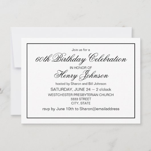 エレガントクラシック黒白60誕生日 招待状 (正面)