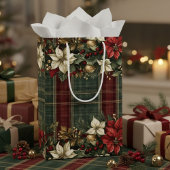 エレガントクラシックPLAIDレッドポインセティアスホリー&金ゴールド ミディアムペーパーバッグ
