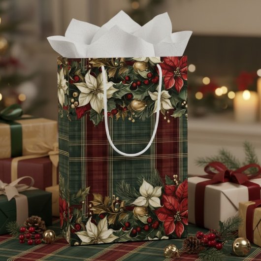 エレガントクラシックPLAIDレッドポインセティアスホリー&金ゴールド ミディアムペーパーバッグ