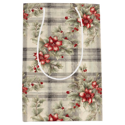 エレガントクラシックRed Poinsettiaタータンチェック ミディアムペーパーバッグ (正面)