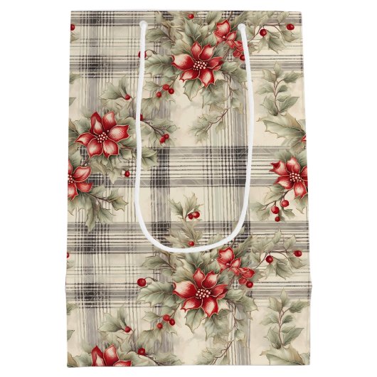 エレガントクラシックRed Poinsettiaタータンチェック ミディアムペーパーバッグ (裏面)