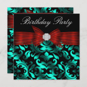 エレガントクランベリーレッドティール（緑がかった色）ブルーバースデーパーティー 招待状 (正面/裏面)