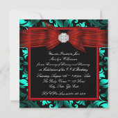 エレガントクランベリーレッドティール（緑がかった色）ブルーバースデーパーティー 招待状 (裏面)