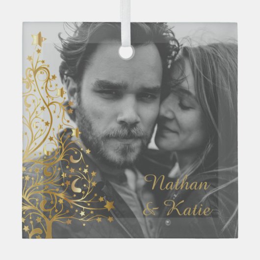 エレガントクリスマスのカップルカスタム写真 ガラスオーナメント (正面)