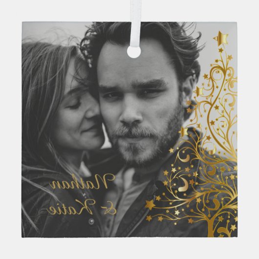 エレガントクリスマスのカップルカスタム写真 ガラスオーナメント (裏面)