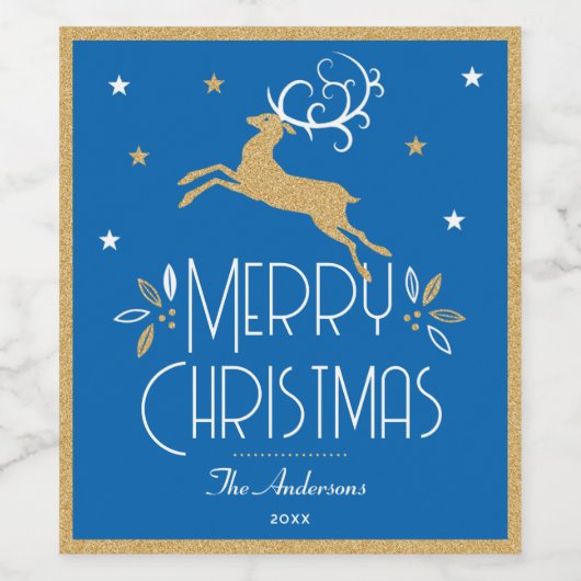 エレガントクリスマスのトナカイフェスティバルブルー金ゴールド ワインラベル (シングルラベル)