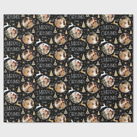 エレガントクリスマスのトナカイ写真コラージブラック ラッピングペーパー (フラット)