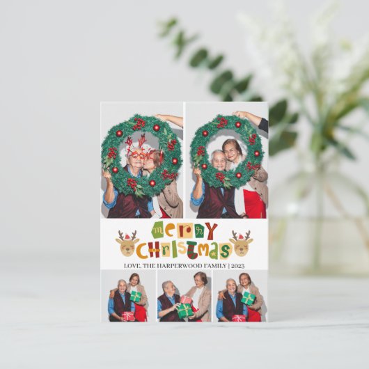 エレガントクリスマスのトナカイ家族の写真コラージュ シーズンポストカード (スタンド正面)